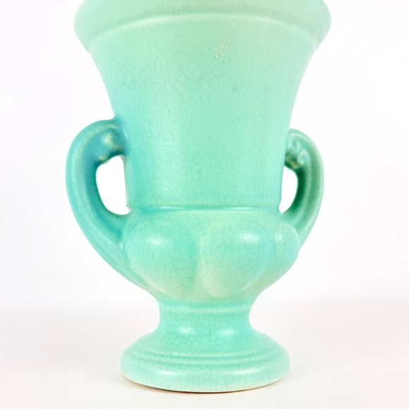 Antique Pottery Art Trophy Vase Small Aqua/Turquoise Handled 5.5x4x5 Inches - Picture 3 of 15